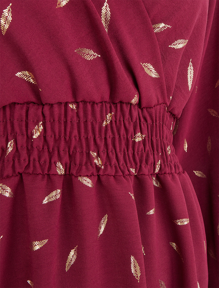 Robe évasée à imprimé plumes dorées - Lie de vin - 3