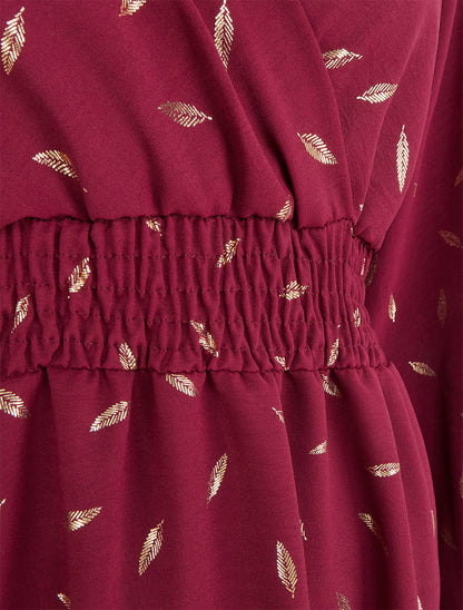 Robe évasée à imprimé plumes dorées - Lie de vin - 3