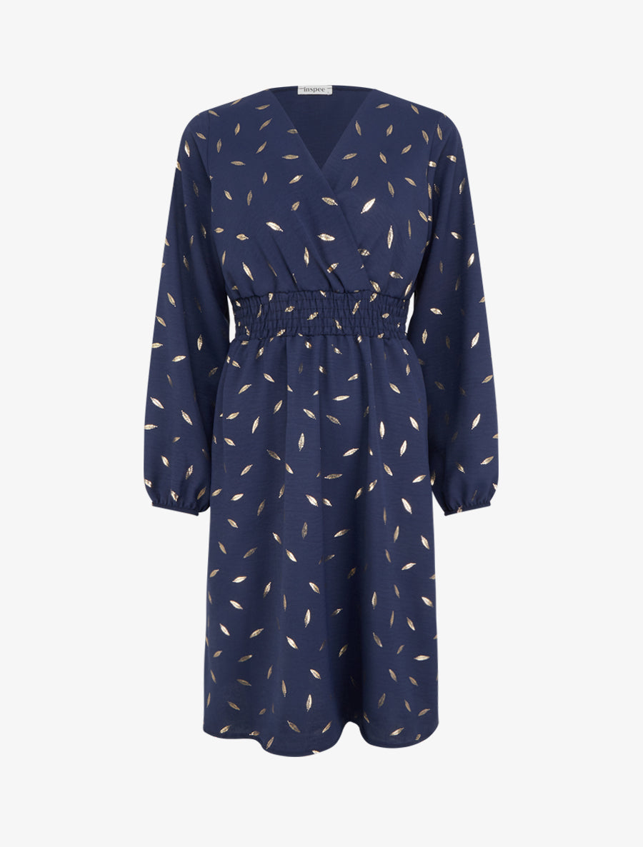Robe évasée à imprimé plumes dorées - Marine - 1