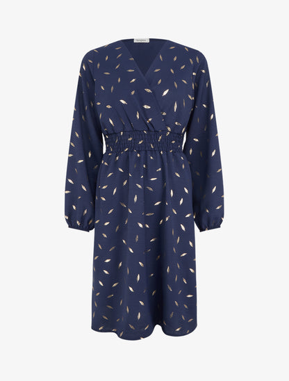 Robe évasée à imprimé plumes dorées - Marine - 1