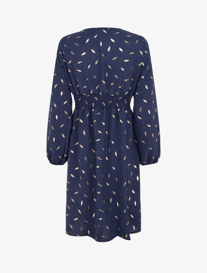Robe évasée à imprimé plumes dorées - Marine - 2