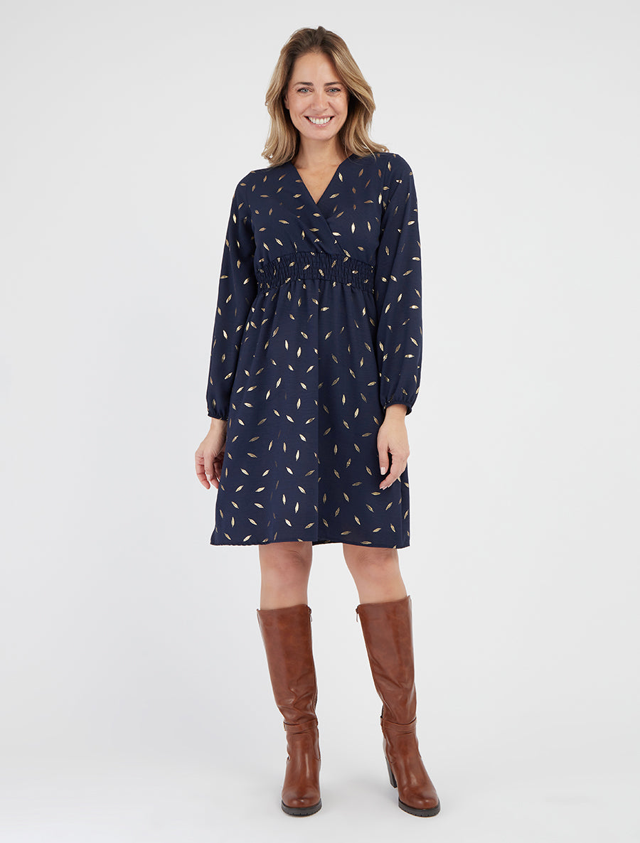 Robe fluide cache-cœur à manches longues - Marine