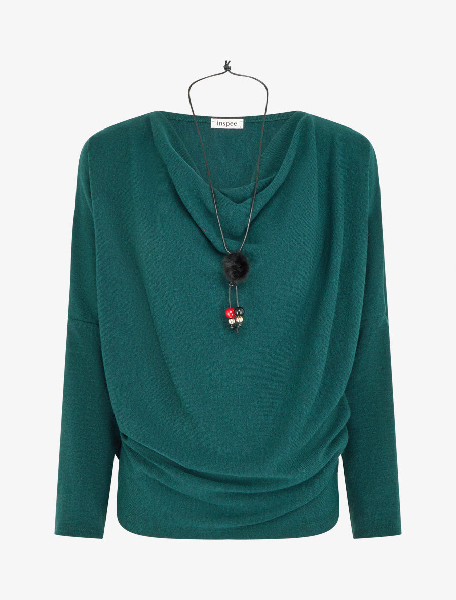 Pull fin uni à col bénitier - Vert sapin - 1