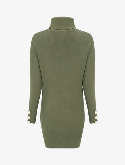 Pull long à boutons décoratifs aux manches - Kaki - 2