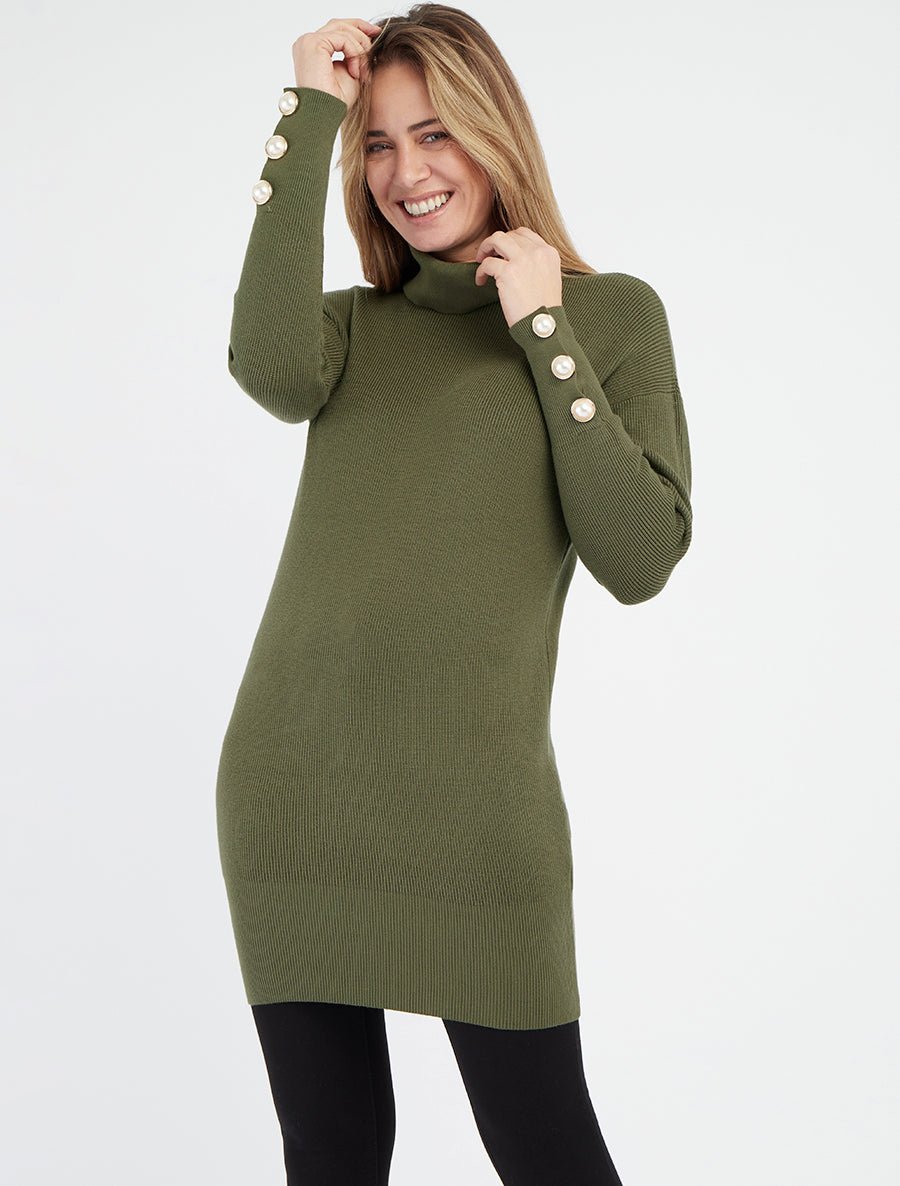 Pull long col roulé côtelé - Kaki