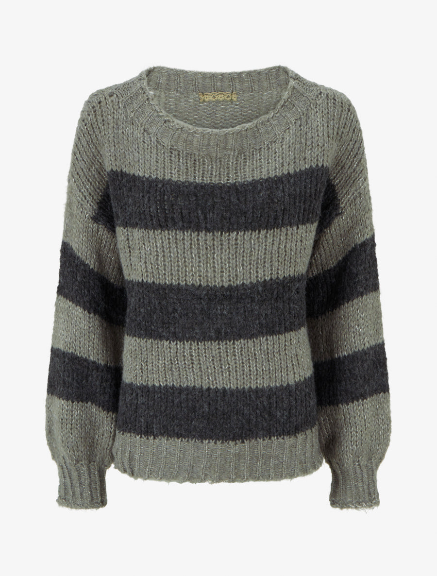 Pull rayé à col rond - Kaki - 1