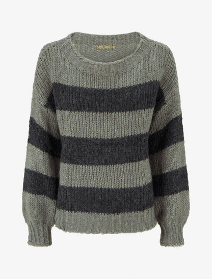Pull rayé à col rond - Kaki - 1