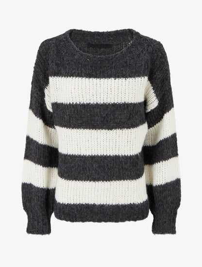 Pull rayé à col rond - Noir - 1