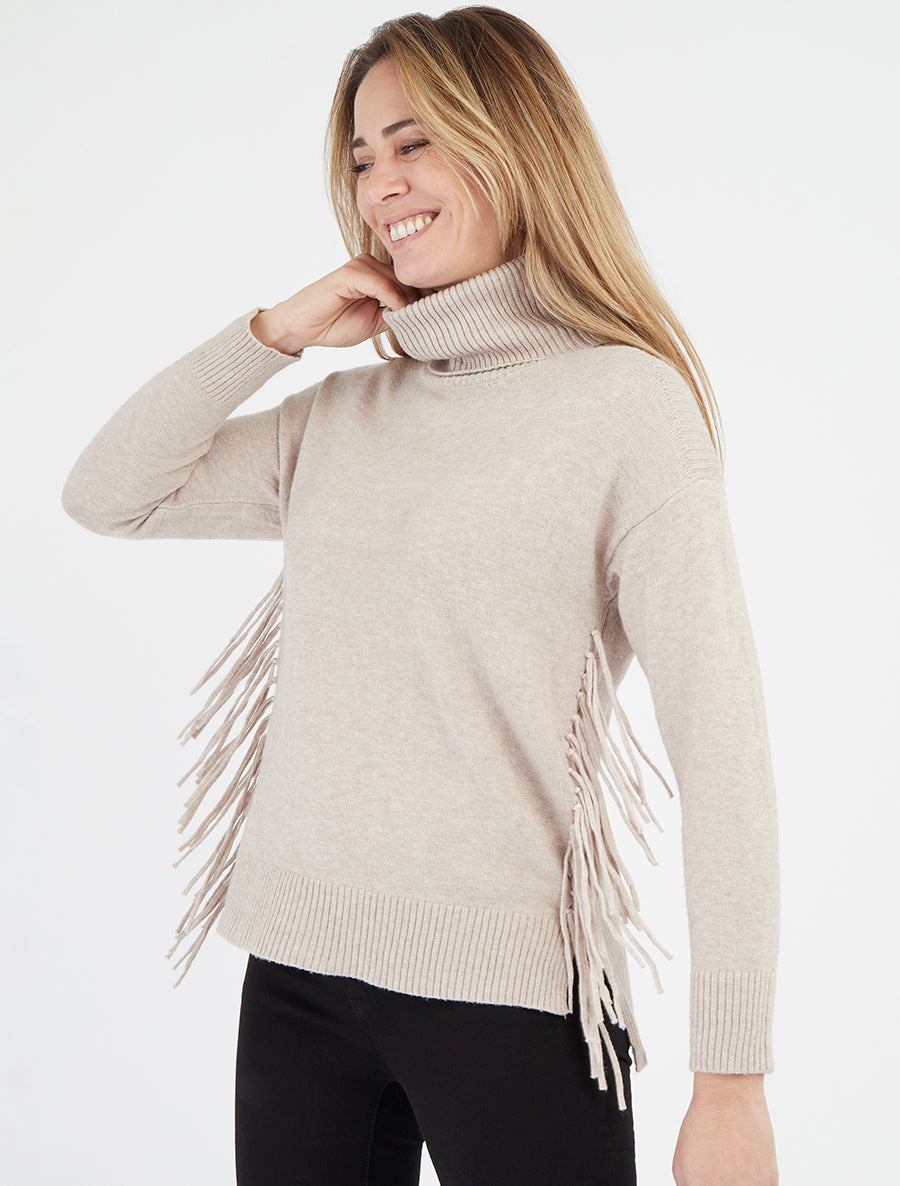 Pull en maille à franges latérales - Beige