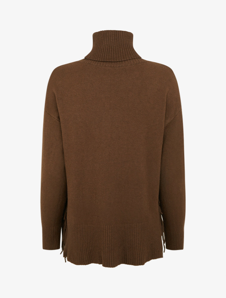 Pull uni à col roulé et franges - Marron - 2