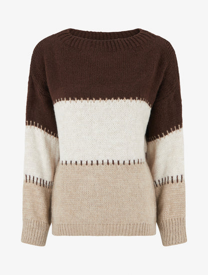 Pull droit à grandes rayures - Marron - 1