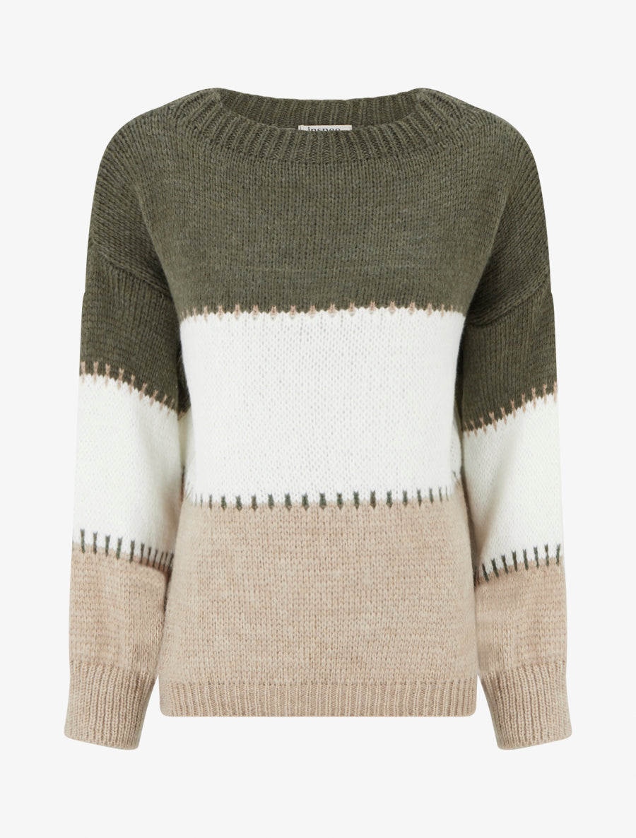 Pull droit à grandes rayures - Kaki - 1