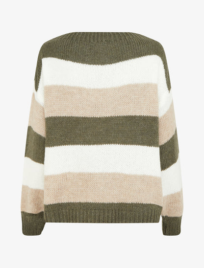 Pull maille rayures col rond - Kaki