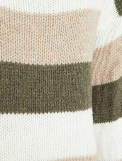 Pull maille rayures col rond - Kaki