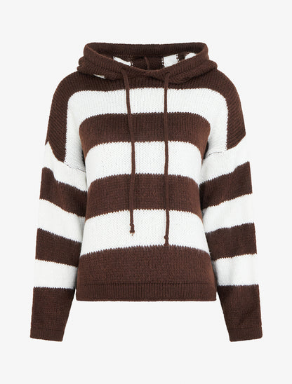 Pull rayé à capuche - Marron - 1