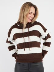 Pull rayé capuche à liens - Marron