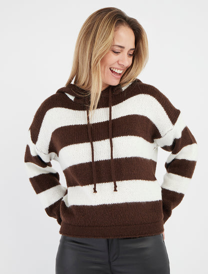 Pull rayé capuche à liens - Marron