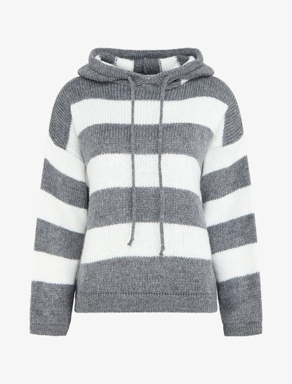 Pull rayé à capuche - Gris - 1