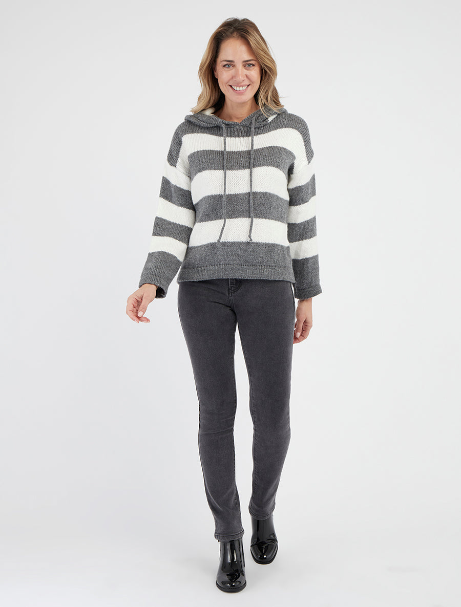 Pull à capuche maille rayée col rond - Gris