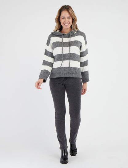 Pull à capuche maille rayée col rond - Gris