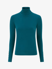 Pull fin à col roulé et boutons décoratifs - Bleu canard - 1