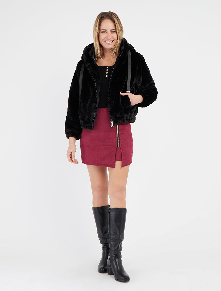 Blouson à capuche fourrure synthétique - Noir