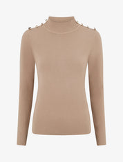 Pull ajusté col montant boutons épaules - Beige