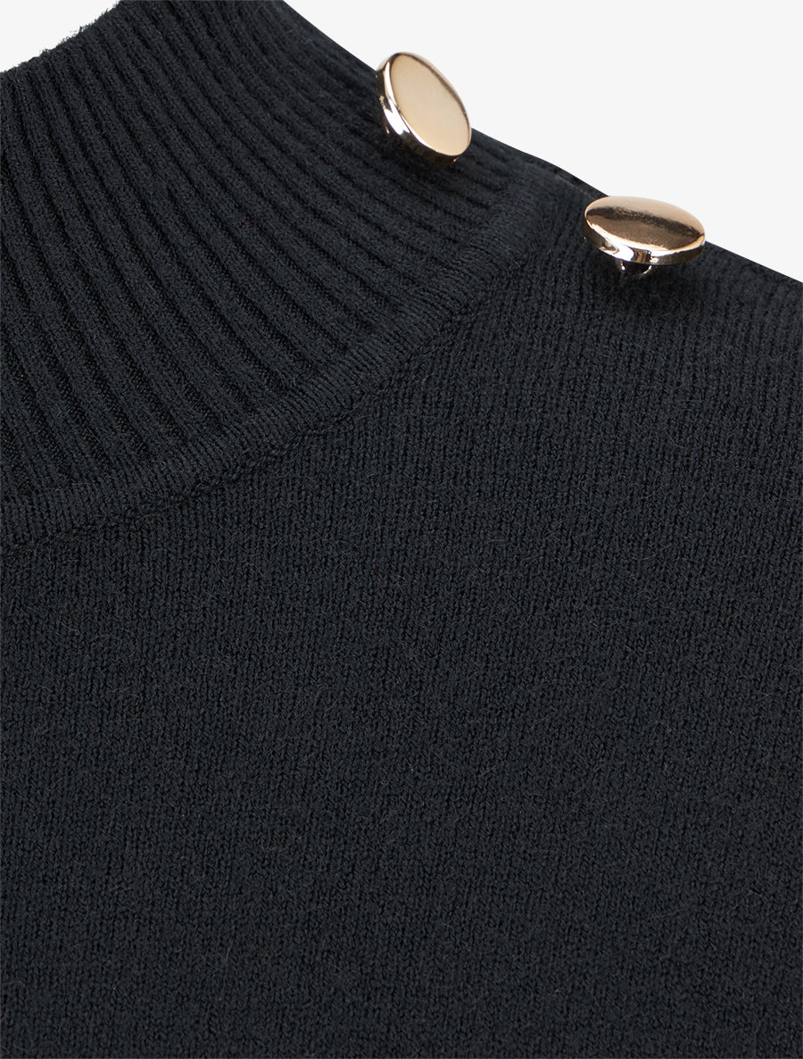 Pull ajusté à col montant et boutons - Noir - 3
