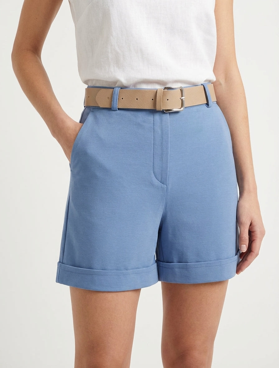 Short ceinturé à revers - Bleu