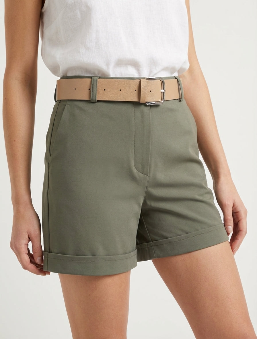 Short ceinturé à revers - Kaki