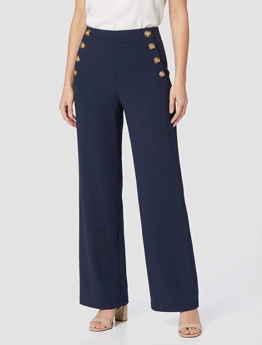Pantalon droit à fermeture boutonnée sur les côtés - Marine