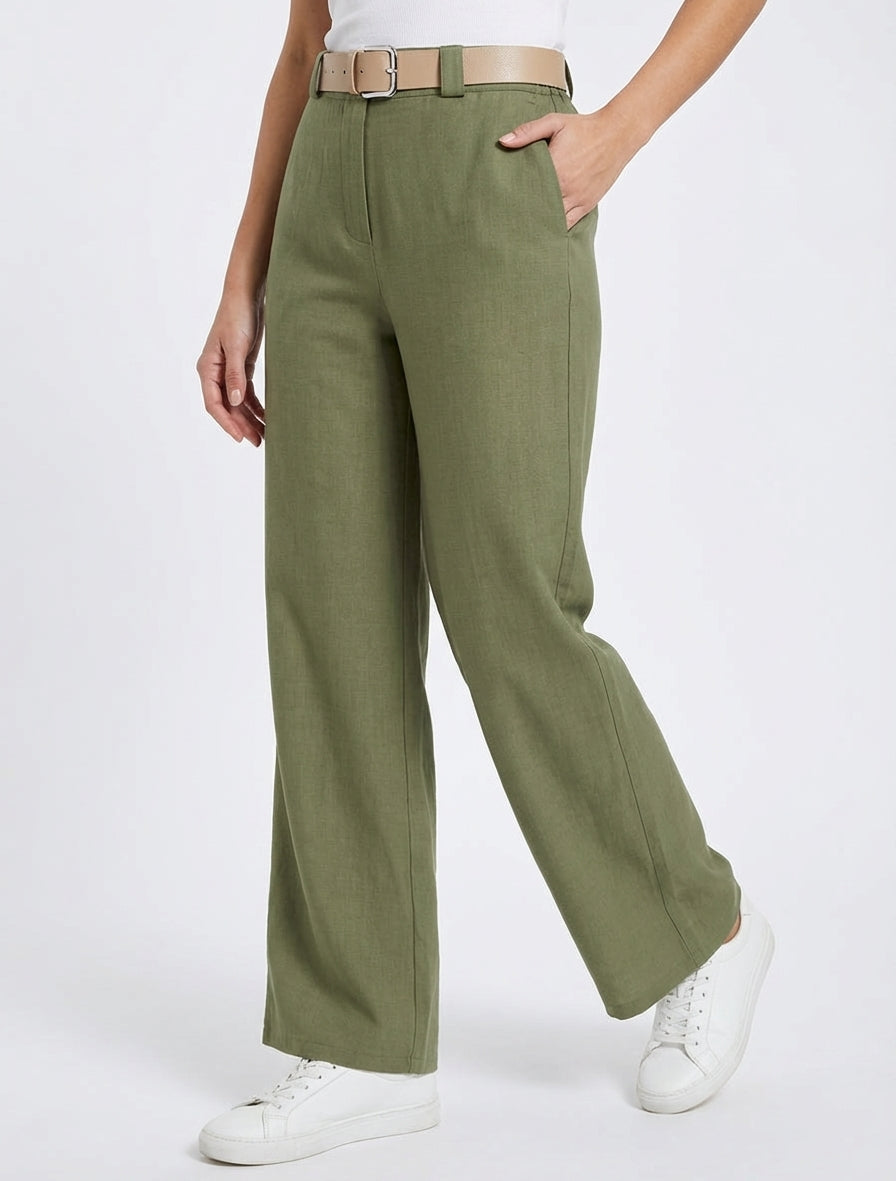 Pantalon droit uni élastiqué - Kaki