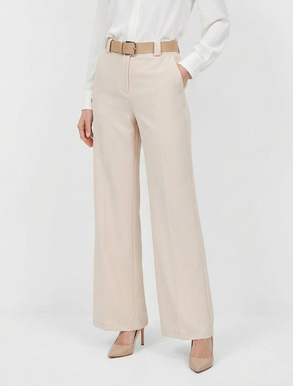 Pantalon droit uni élastiqué - Beige