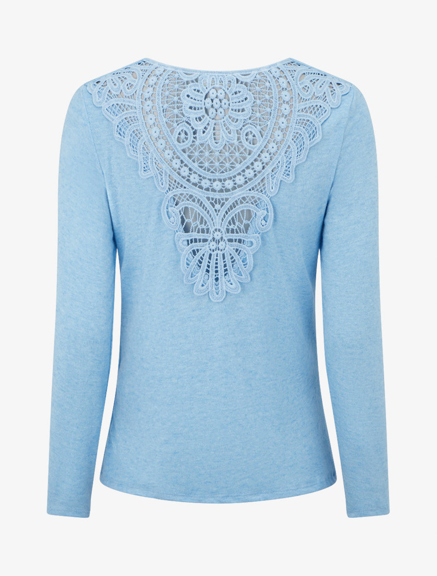 Pull à dos brodé et col bénitier - Bleu ciel - 2