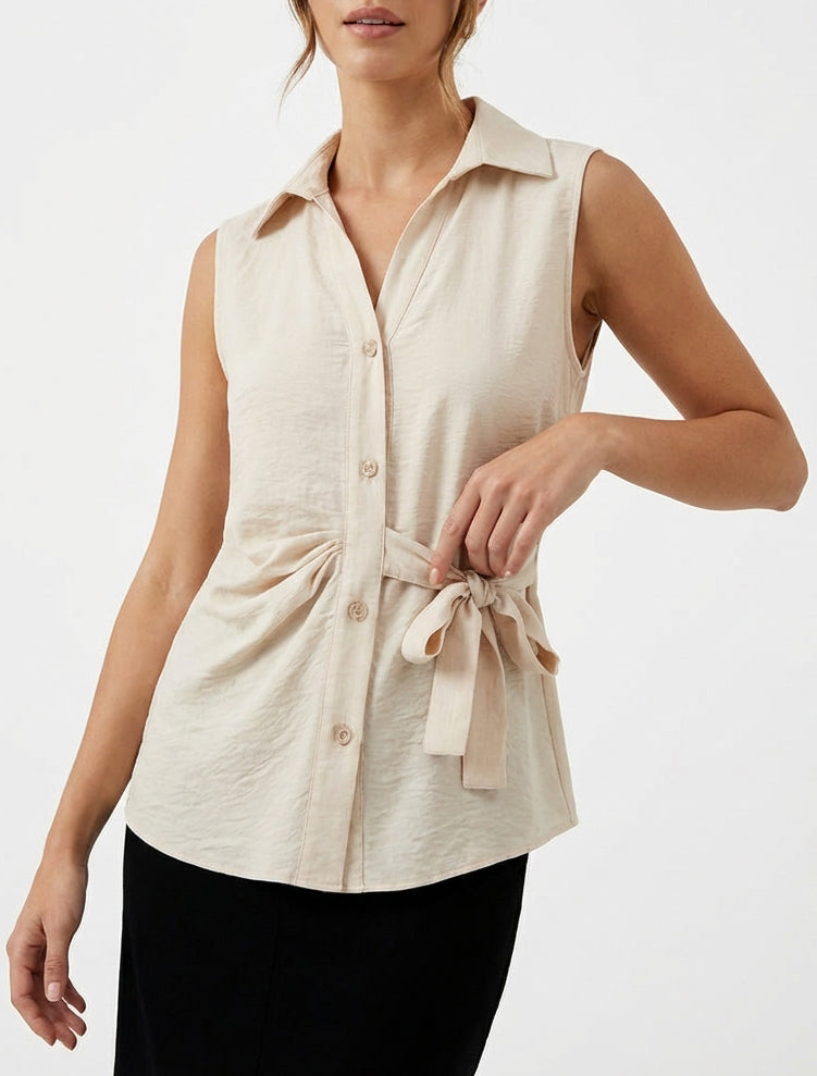 Chemisier sans manches effet drapé - Beige