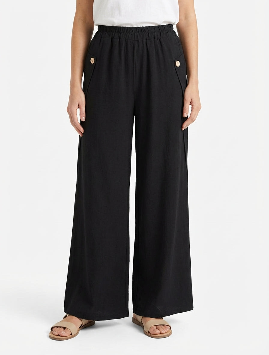 Pantalon ample uni à boutons décoratifs - Noir