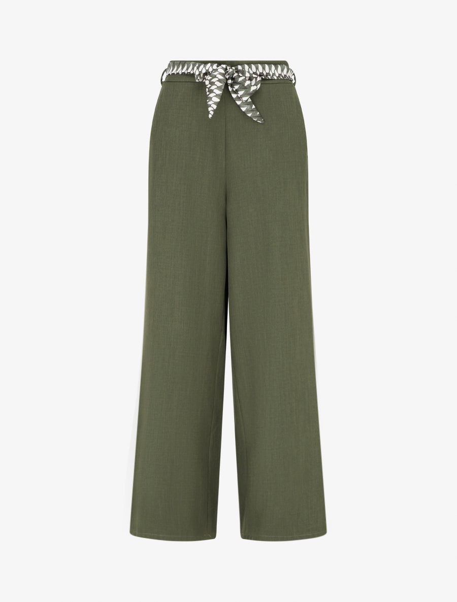 Pantalon ample uni et ceinturé - Kaki - 1