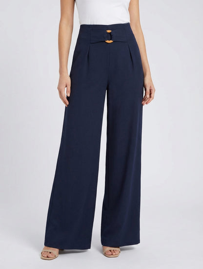 Pantalon ample à taille haute à boucle fantaisie - Marine