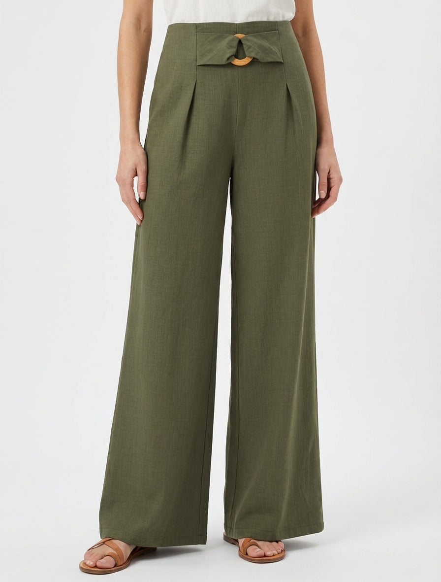 Pantalon ample à taille haute à boucle fantaisie - Kaki