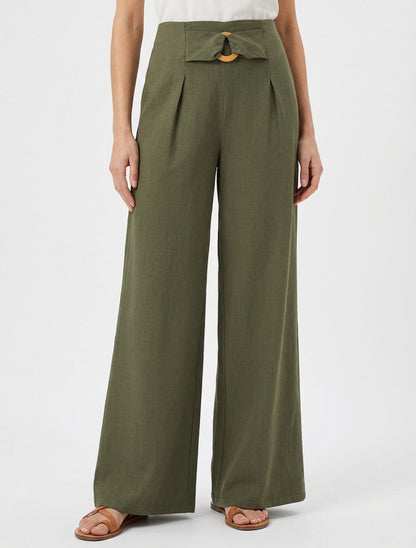 Pantalon ample à taille haute à boucle fantaisie - Kaki