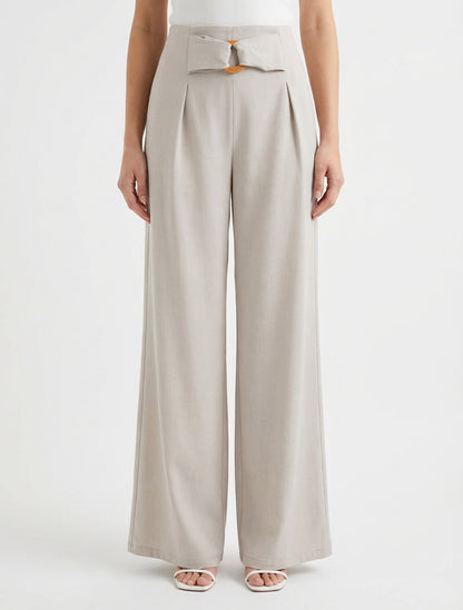 Pantalon ample à taille haute à boucle fantaisie - Beige