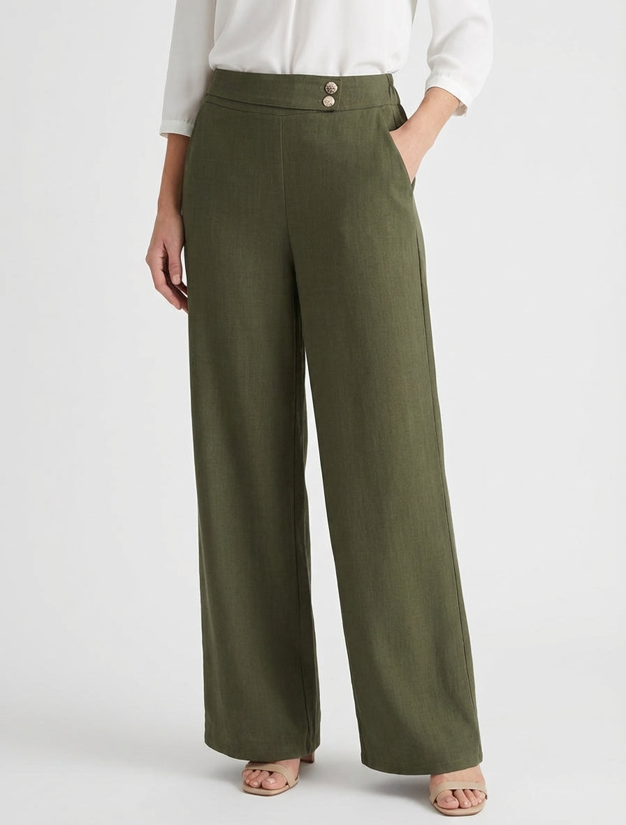 Pantalon ample à sangle et boutons - Kaki