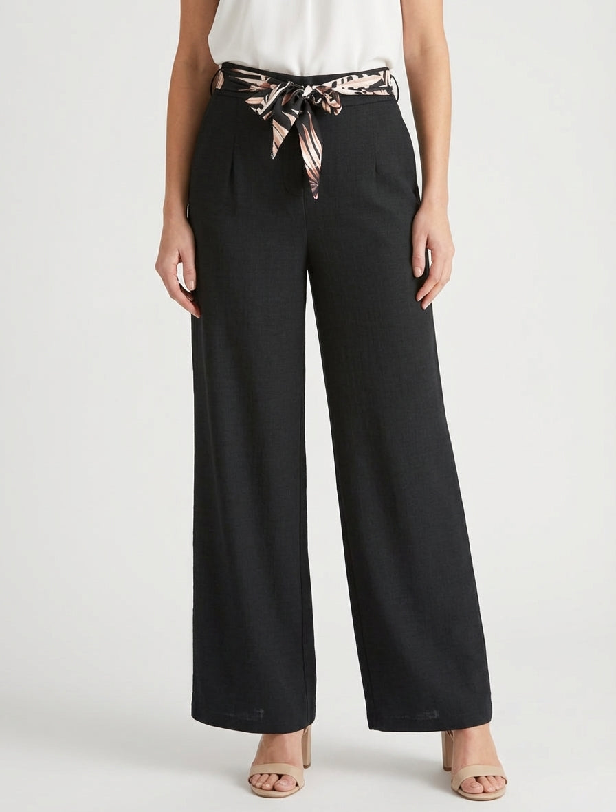 Pantalon droit ceinturé effet lin - Noir