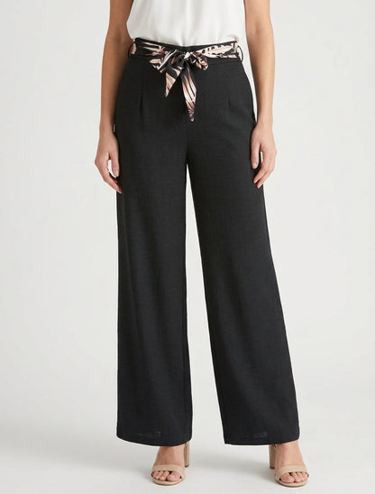 Pantalon droit ceinturé effet lin - Noir