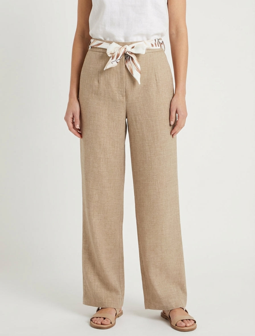 Pantalon droit ceinturé effet lin - Taupe