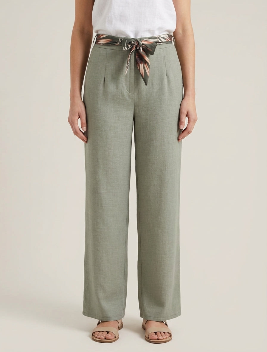 Pantalon droit ceinturé effet lin - Kaki