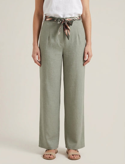 Pantalon droit ceinturé effet lin - Kaki