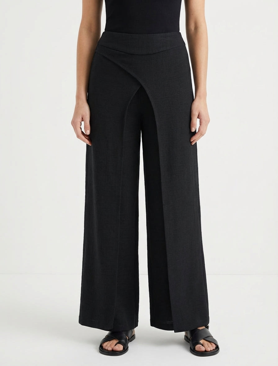 Pantalon droit effet lin à double pans - Noir