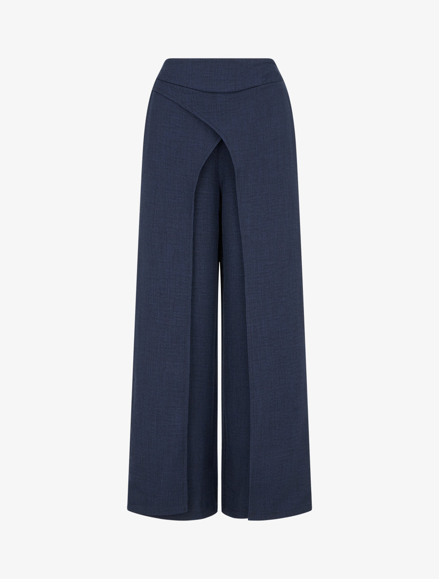 Pantalon droit effet lin à double pans - Marine | Stand-Prive