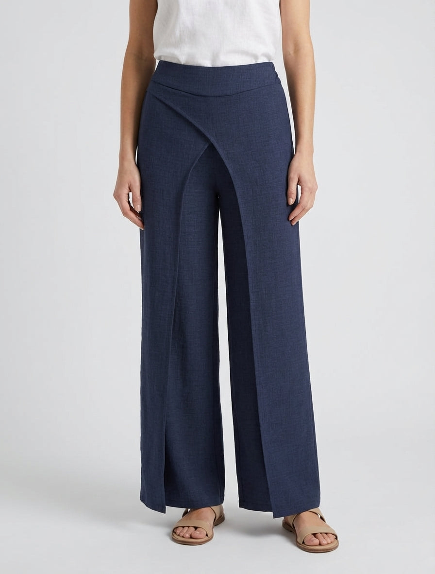 Pantalon droit effet lin à double pans - Marine